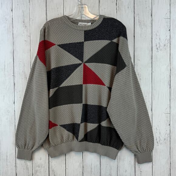 St. Croix Other - VTG St. Croix Knits Taupe/Black/Red Abstract Grandpa Crewneck Sweater Size Large